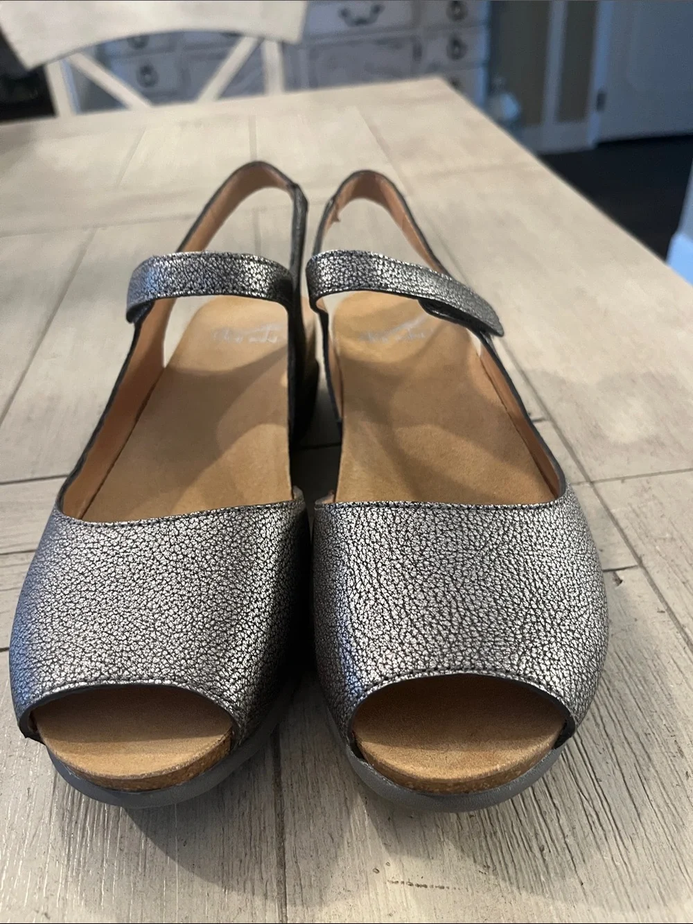 Dansko Metallic Silver Peep-Toe Slingback Wedge Sandals